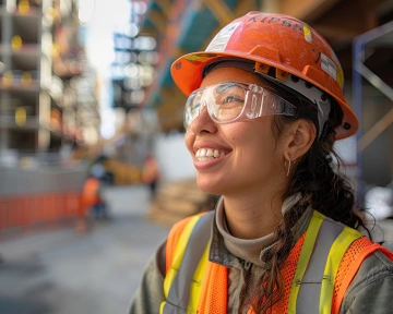 person smiling, wearing construction hat and safety goggles