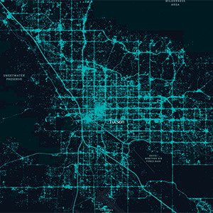 Map of Tucson, Arizona, in black with road traffic overlaid in blue