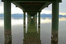 A view under a pier, with supports on either side