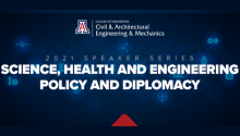 Graphic with a blue background and white text. The CAEM logo is at the top, followed by this text: 2021 Speaker Series: Science, Health and Engineering Policy and Diplomacy.