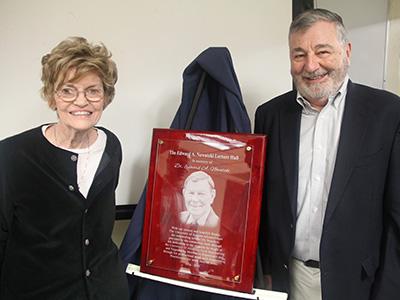 Patricia Nowatzki with former department head Juan B. Valdes at the Nowatzki Lecture Hall dedication
