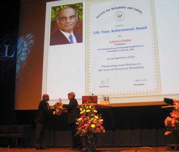 Dr. Achintya Haldar recieves the Society for Reliability and Safety's Lifetime Achievement Award.