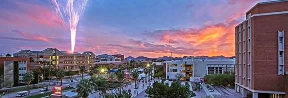 univ of arizona campus at sunset with fireworks