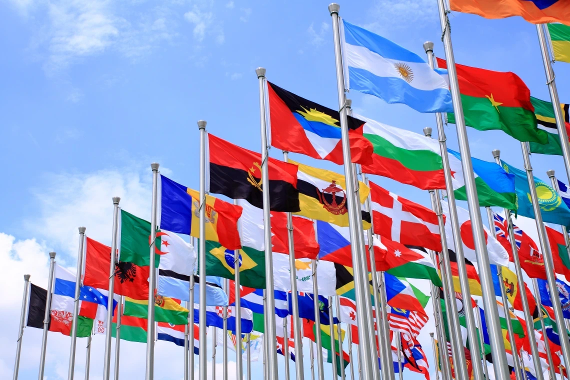 An array of different national flags flutter in the wind.